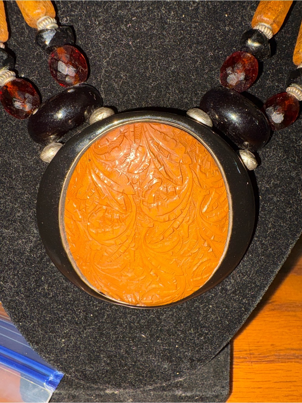 Boho Carved Amber Pendant Necklace - Orange. 10 3/4 inches - Picture 2 of 8